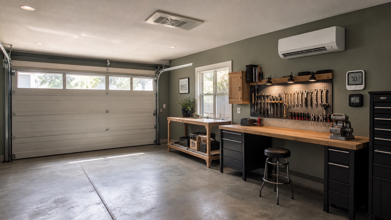 Organized garage workshop with an insulated door, mini-split, ventilation, and climate monitors