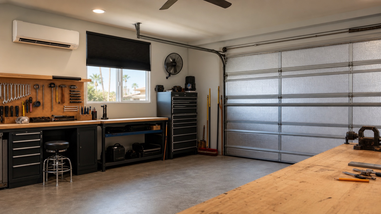 Garage workshop cooled by a wall-mounted mini-split with a shaded window and insulated door
