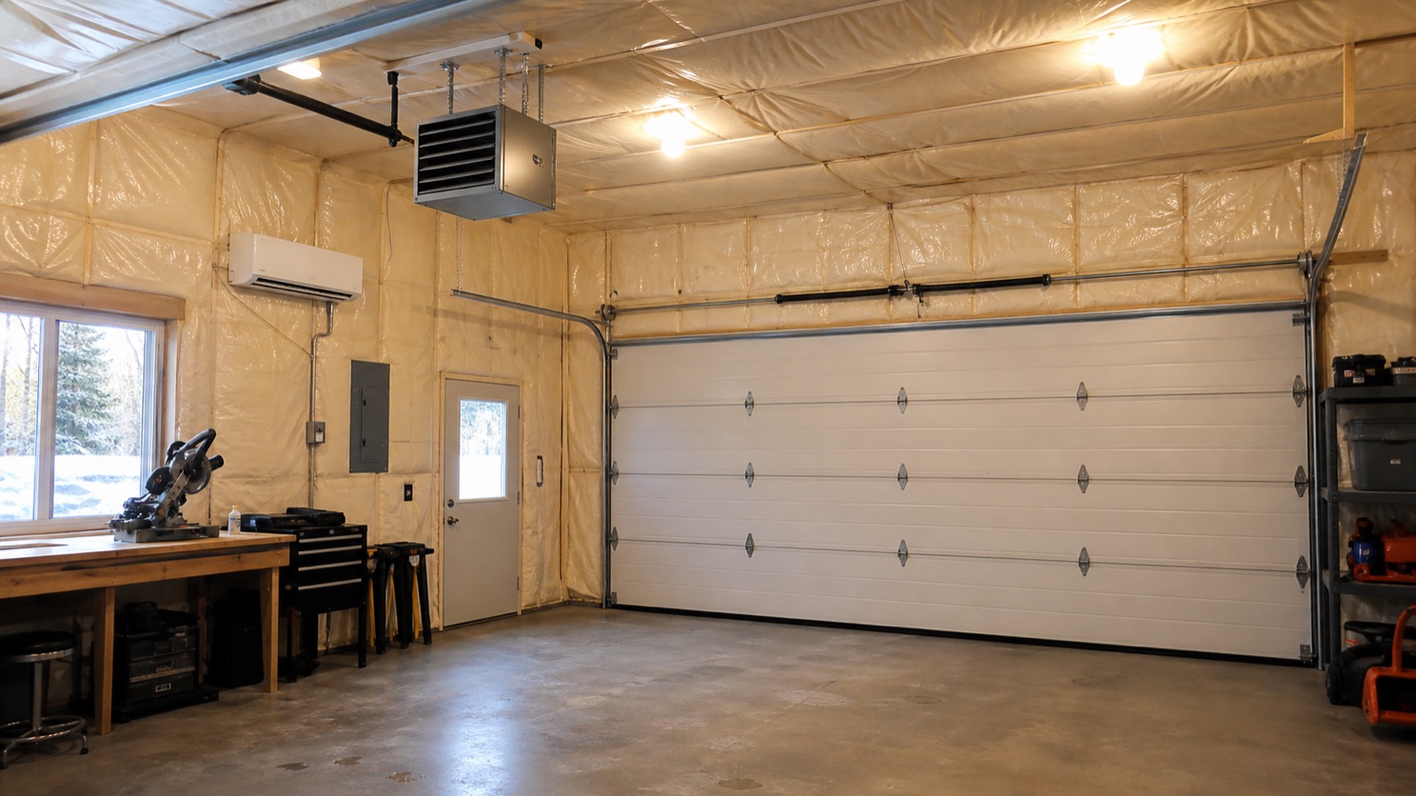 Insulated garage workshop with ceiling-mounted electric heat and a wall-mounted heat pump