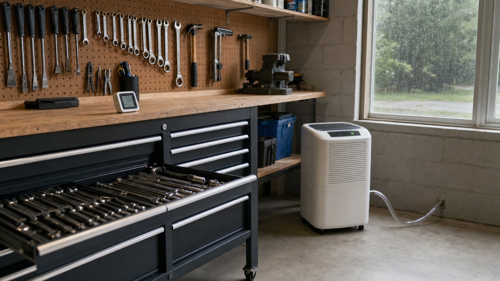 Dry garage workshop with organized metal tools, a dehumidifier, and a humidity monitor
