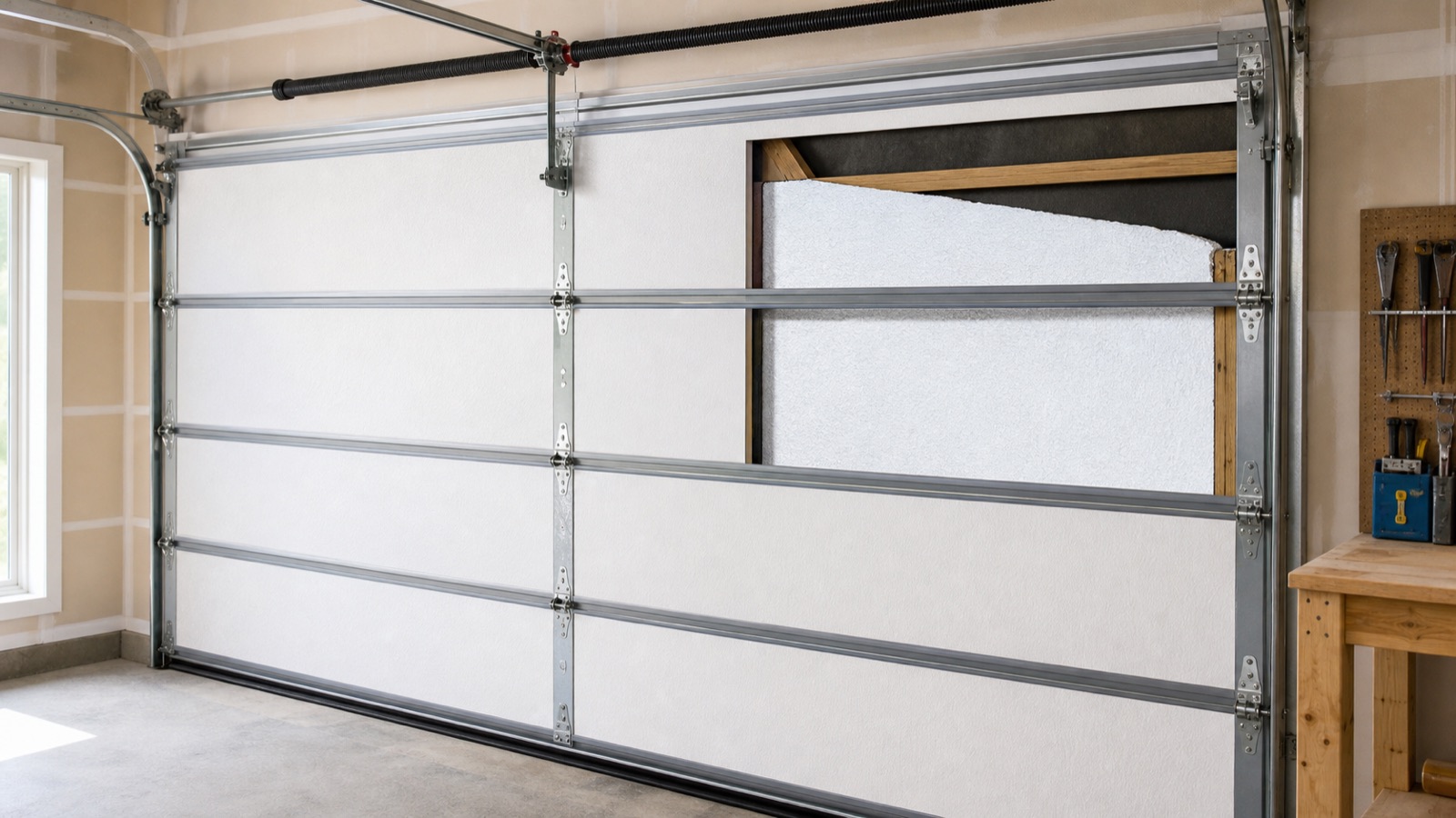 Sectional garage door with fitted insulation panels and visible seals along the frame and floor
