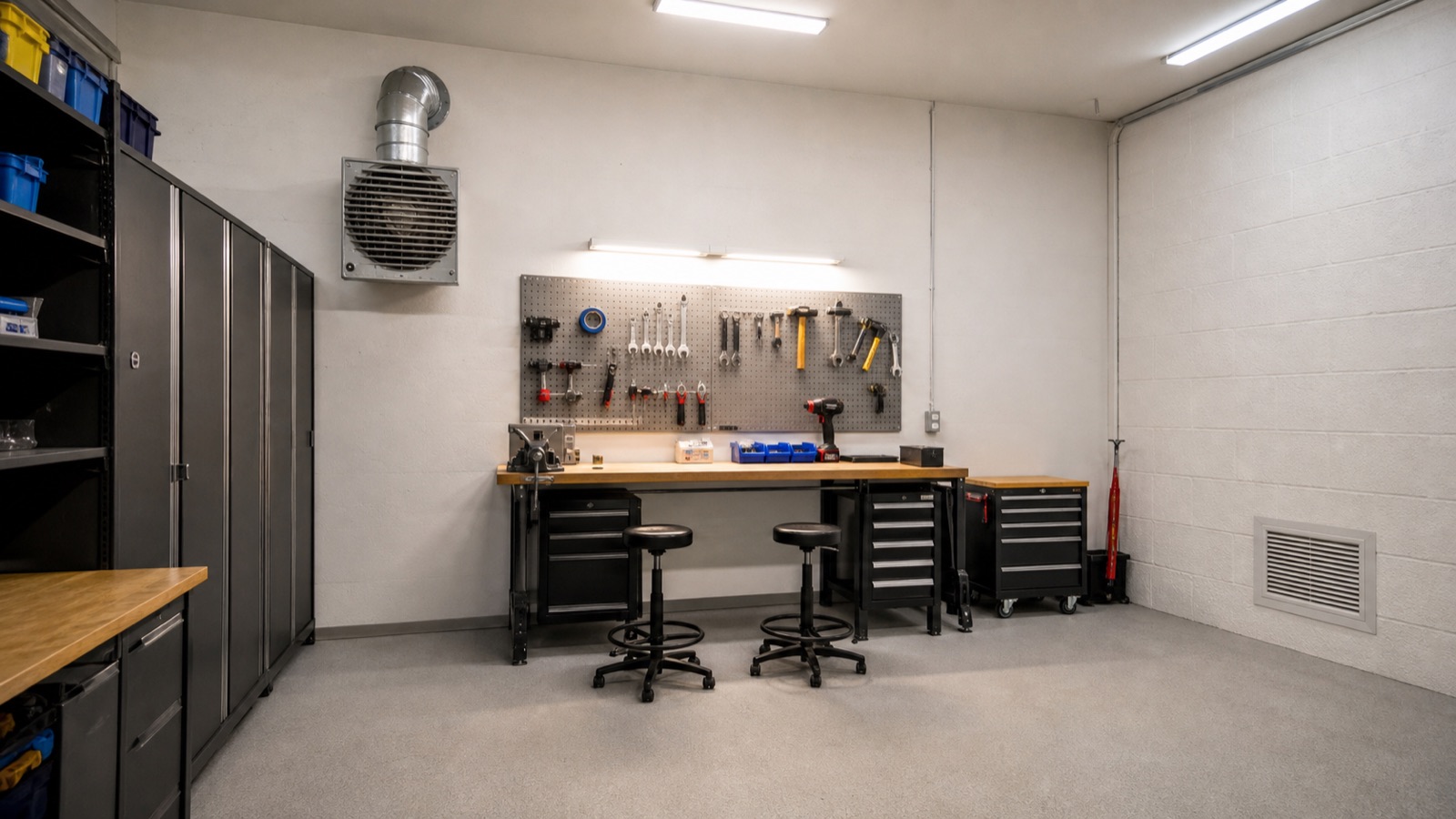 Windowless garage workshop with a guarded high exhaust fan and low replacement-air grille